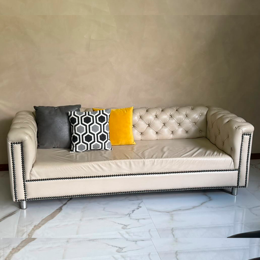 Sofá 3 cuerpos de cuero color beige